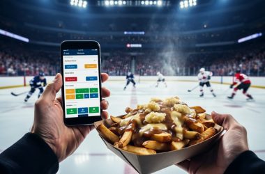 Over-the-shoulder view of a fan at a Canadian hockey arena holding a smartphone with a generic betting interface and a tray of poutine, with the ice rink, players in unbranded jerseys, and a cheering crowd softly blurred in the background; no text or logos visible.