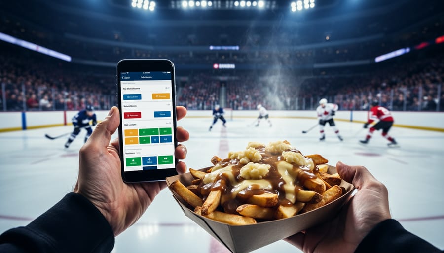Over-the-shoulder view of a fan at a Canadian hockey arena holding a smartphone with a generic betting interface and a tray of poutine, with the ice rink, players in unbranded jerseys, and a cheering crowd softly blurred in the background; no text or logos visible.