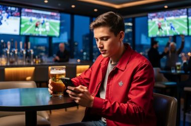 Traveler in a Canadian sportsbook lounge holding a smartphone and drink, with blurred big screens showing generic hockey and football action and cheering fans in warm bar lighting.