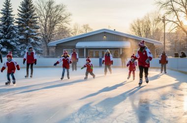 Mixed-age skaters on a Canadian outdoor community ice rink at golden hour, wearing red-and-white gear with visible breath and long shadows, snow-covered trees and a small arena building in the background.