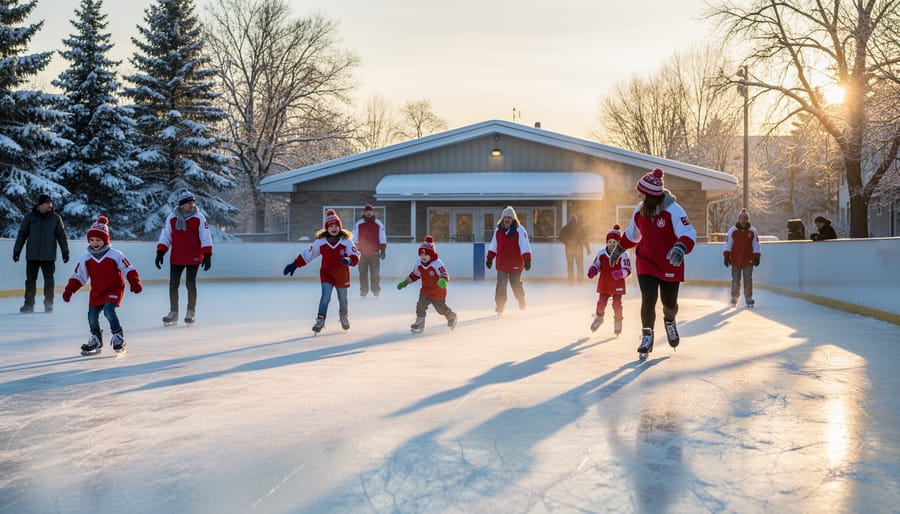 Mixed-age skaters on a Canadian outdoor community ice rink at golden hour, wearing red-and-white gear with visible breath and long shadows, snow-covered trees and a small arena building in the background.