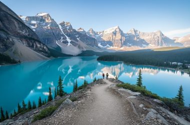 Turquoise Lake Louise in Banff with reflected mountain peaks and a scenic trail with distant hikers under clear daylight.