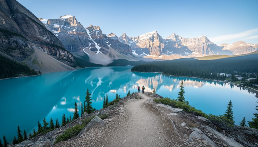 Turquoise Lake Louise in Banff with reflected mountain peaks and a scenic trail with distant hikers under clear daylight.