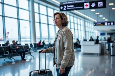 Traveler holding a rolling suitcase at a Canadian airport gate while waiting during a flight delay.