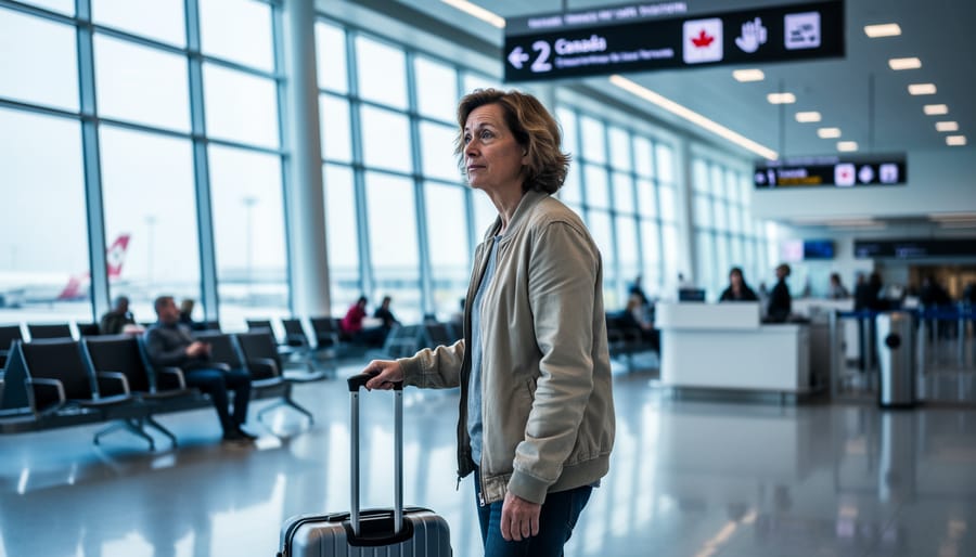Traveler holding a rolling suitcase at a Canadian airport gate while waiting during a flight delay.