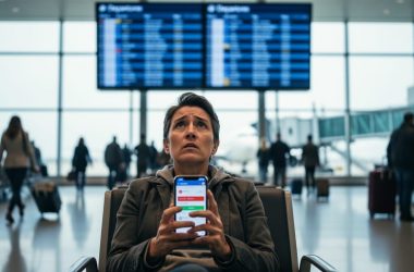 Traveler seated in an airport terminal holding a phone while waiting for updated flight status during an East Coast delay.
