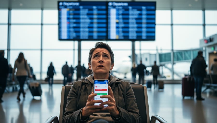 Traveler seated in an airport terminal holding a phone while waiting for updated flight status during an East Coast delay.