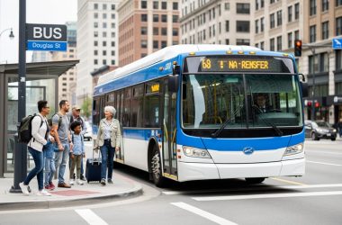 A BC Transit bus at a downtown Victoria stop with travelers boarding, under bright overcast daylight.