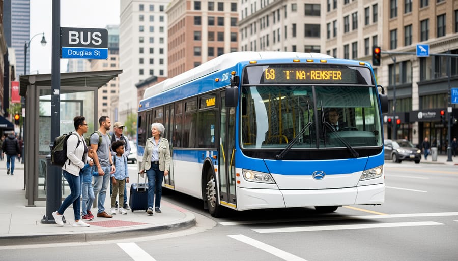 A BC Transit bus at a downtown Victoria stop with travelers boarding, under bright overcast daylight.