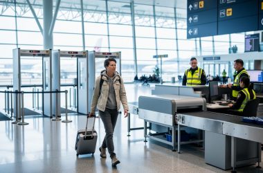 Traveler passing through a modern airport security screening lane at Vancouver International Airport with x-ray and metal detector equipment in view.