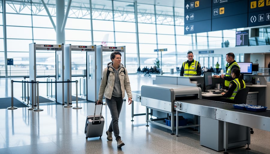 Traveler passing through a modern airport security screening lane at Vancouver International Airport with x-ray and metal detector equipment in view.