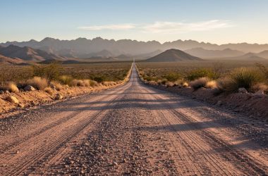Wide view of a rugged desert road entering Big Bend National Park with distant mountains and desert shrubs under golden hour light.