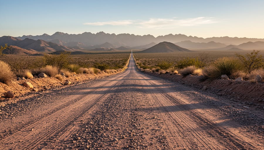 Wide view of a rugged desert road entering Big Bend National Park with distant mountains and desert shrubs under golden hour light.