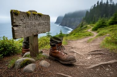 A hiker’s boot stepping onto a rugged Canadian trail with branching dirt paths in a misty evergreen-and-coastal landscape.