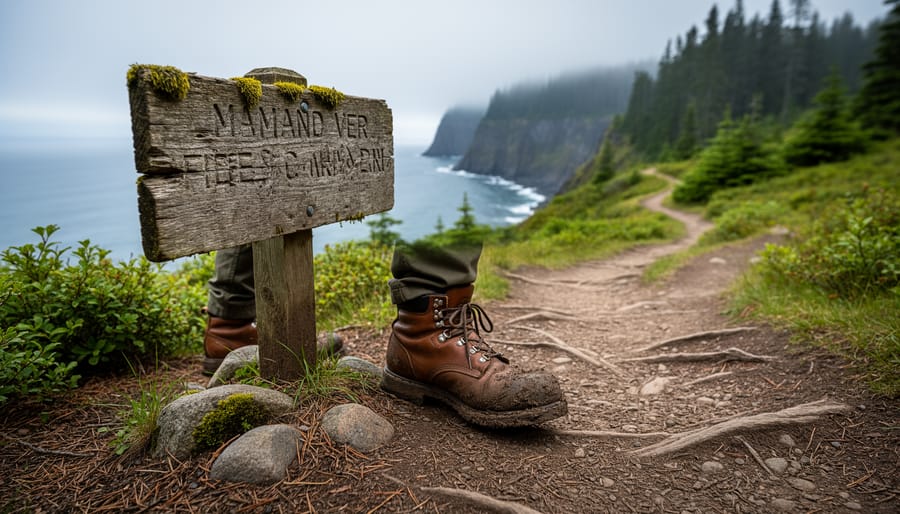 A hiker’s boot stepping onto a rugged Canadian trail with branching dirt paths in a misty evergreen-and-coastal landscape.