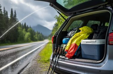 Camping gear and a rain jacket near a Quebec roadside trunk as storm clouds roll in, showing sudden Canadian weather changes.