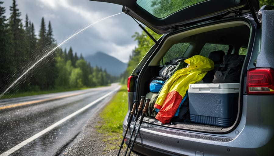 Camping gear and a rain jacket near a Quebec roadside trunk as storm clouds roll in, showing sudden Canadian weather changes.