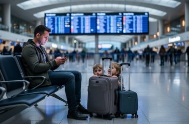 A family waits in the Edmonton International Airport terminal with a traveler holding a smartphone while departure area lights glow in the background.