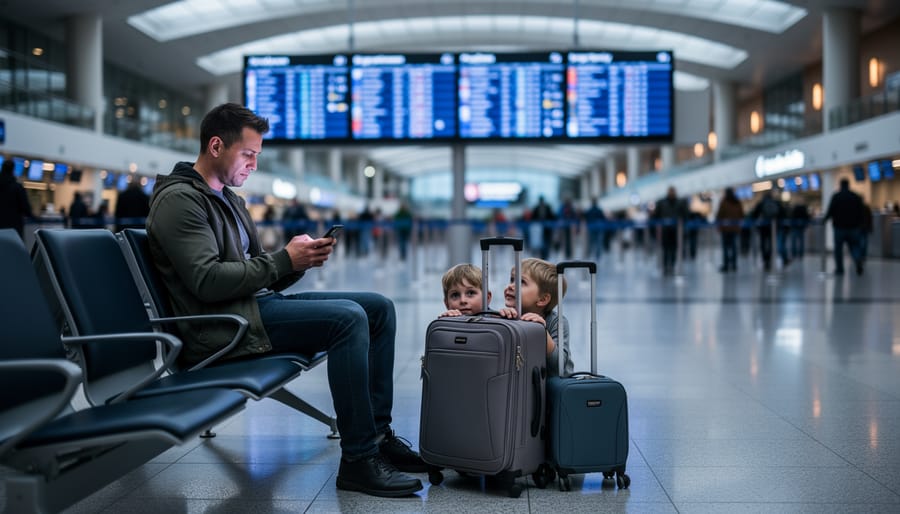 A family waits in the Edmonton International Airport terminal with a traveler holding a smartphone while departure area lights glow in the background.