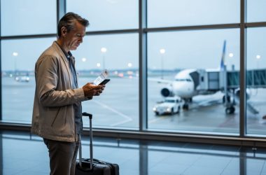 Passenger holding a boarding pass and checking a phone near Newark Liberty Airport with an aircraft at the gate in the background