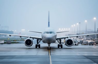 Commercial airplane on an airport ramp under an overcast sky with distant runway lights and terminals indicating flight disruption conditions.