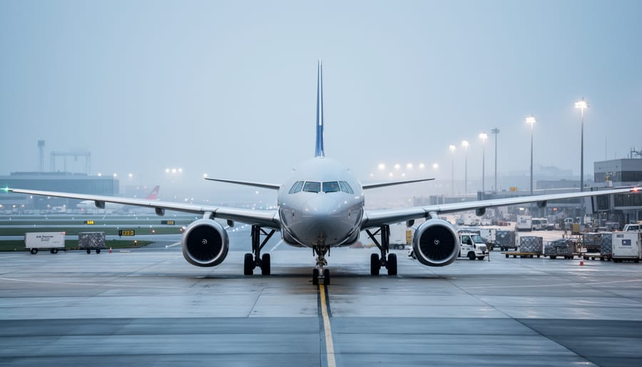 Commercial airplane on an airport ramp under an overcast sky with distant runway lights and terminals indicating flight disruption conditions.