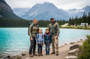 “Family hiking on a trail overlooking a turquoise mountain lake in a Canadian national park setting.”