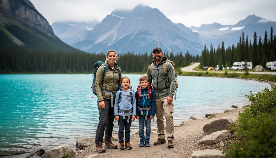 “Family hiking on a trail overlooking a turquoise mountain lake in a Canadian national park setting.”