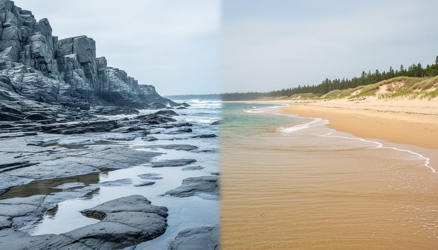 Fundy coastline with tidal mudflats and receding ocean water alongside a sandy Kouchibouguac beach with coastal waves and dunes.