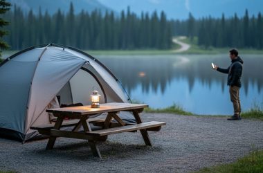 “Tent pitched at a lakeside campground in a Canadian national park at sunrise, with a camper holding a smartphone near a lit lantern.”