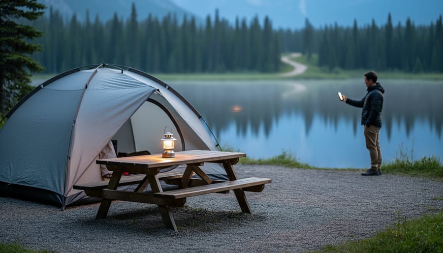“Tent pitched at a lakeside campground in a Canadian national park at sunrise, with a camper holding a smartphone near a lit lantern.”