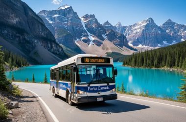 Parks Canada shuttle bus driving toward Moraine Lake with turquoise water and the Valley of the Ten Peaks in the background