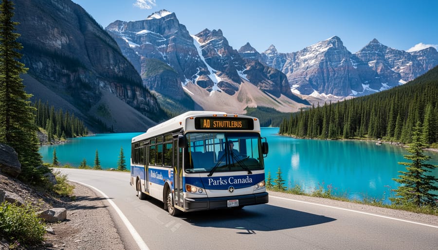 Parks Canada shuttle bus driving toward Moraine Lake with turquoise water and the Valley of the Ten Peaks in the background