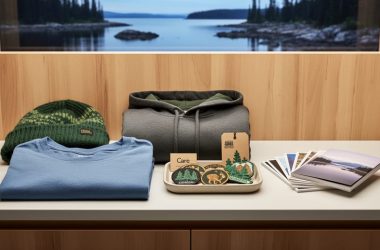 Souvenirs and warm apparel displayed on a park gift shop counter with a blurred scenic outdoor landscape in the background.
