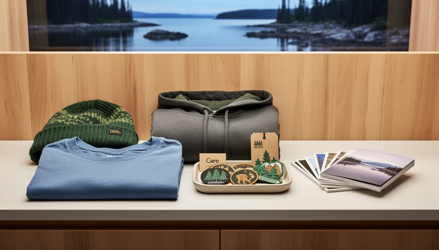 Souvenirs and warm apparel displayed on a park gift shop counter with a blurred scenic outdoor landscape in the background.