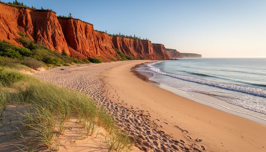Golden hour panoramic view of Prince Edward Island National Park’s red sandstone cliffs, dunes, and Atlantic beach along the north shore.