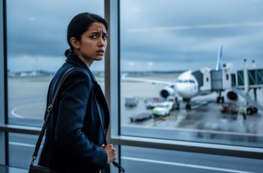 Passenger looking out from inside LaGuardia Airport at a commercial airplane parked on the tarmac during overcast weather