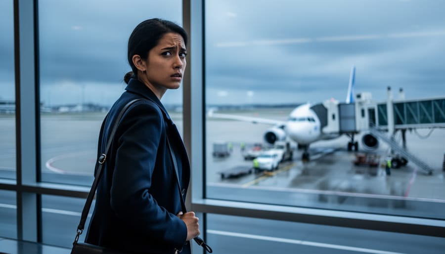 Passenger looking out from inside LaGuardia Airport at a commercial airplane parked on the tarmac during overcast weather