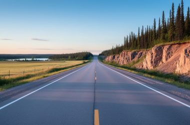 Road leading from open farmland into black spruce and pink granite outcrops, suggesting access to Manitoba provincial parks near the wilderness.