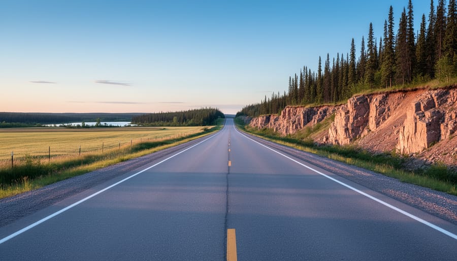 Road leading from open farmland into black spruce and pink granite outcrops, suggesting access to Manitoba provincial parks near the wilderness.