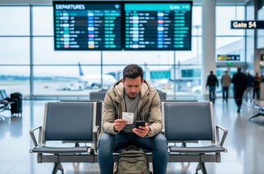 Traveler seated at Vancouver International Airport looking concerned while waiting for a flight update, with a blurred departures board and plane view through the windows.
