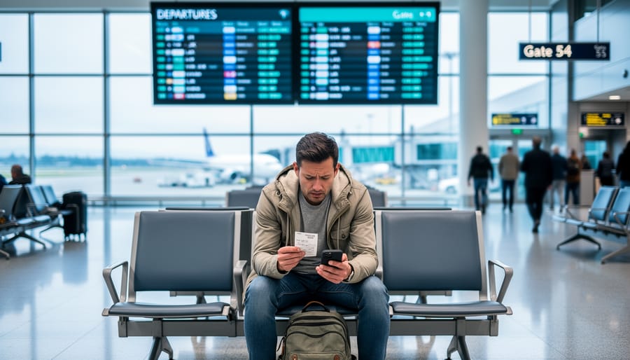 Traveler seated at Vancouver International Airport looking concerned while waiting for a flight update, with a blurred departures board and plane view through the windows.