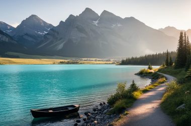Turquoise lake and mountain peaks in Waterton Lakes National Park with a lakeside trail leading toward the Rockies at golden hour