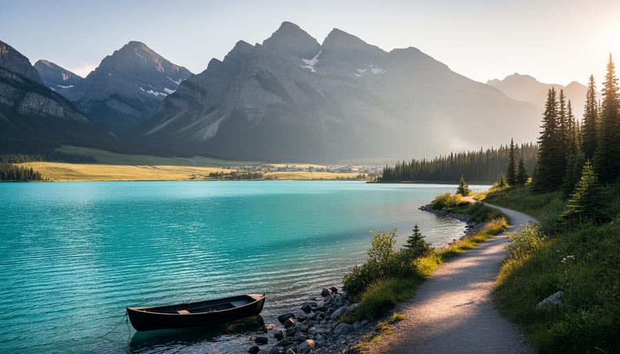 Turquoise lake and mountain peaks in Waterton Lakes National Park with a lakeside trail leading toward the Rockies at golden hour