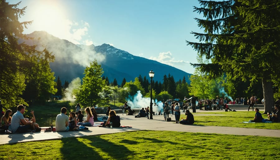 A beautiful Canadian park with a group of people vaping and enjoying the natural scenery