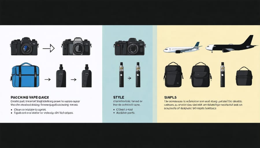 Illustrative graphics showing how to pack vape gear securely for air travel