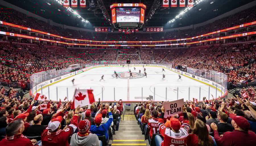 NHL arena exterior at night with crowds of hockey fans approaching the entrance