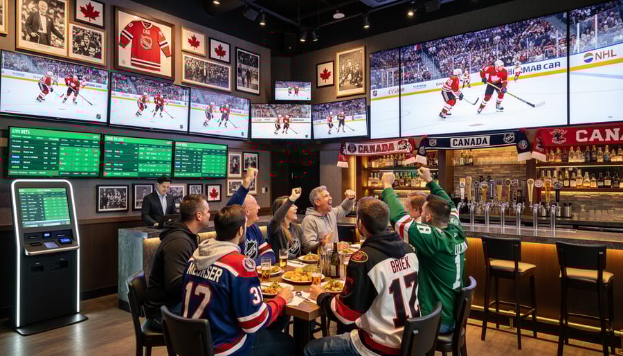 Crowded sports bar with fans watching NHL game on multiple screens