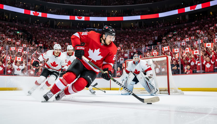 Professional ice hockey players competing for the puck during an intense NHL game