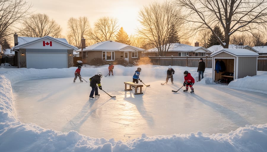 Family skating together on outdoor community hockey rink during golden hour